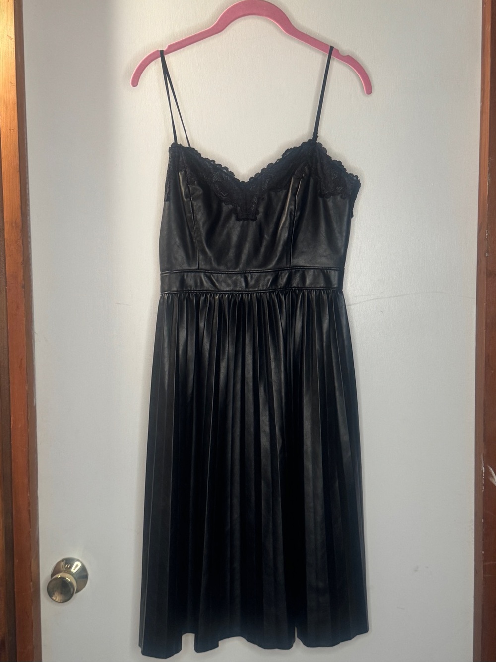 Express Black Faux Leather Strapless Slip Dress with Lace Trim